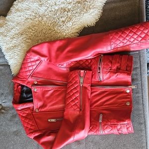 Zara red real leather moto jacket